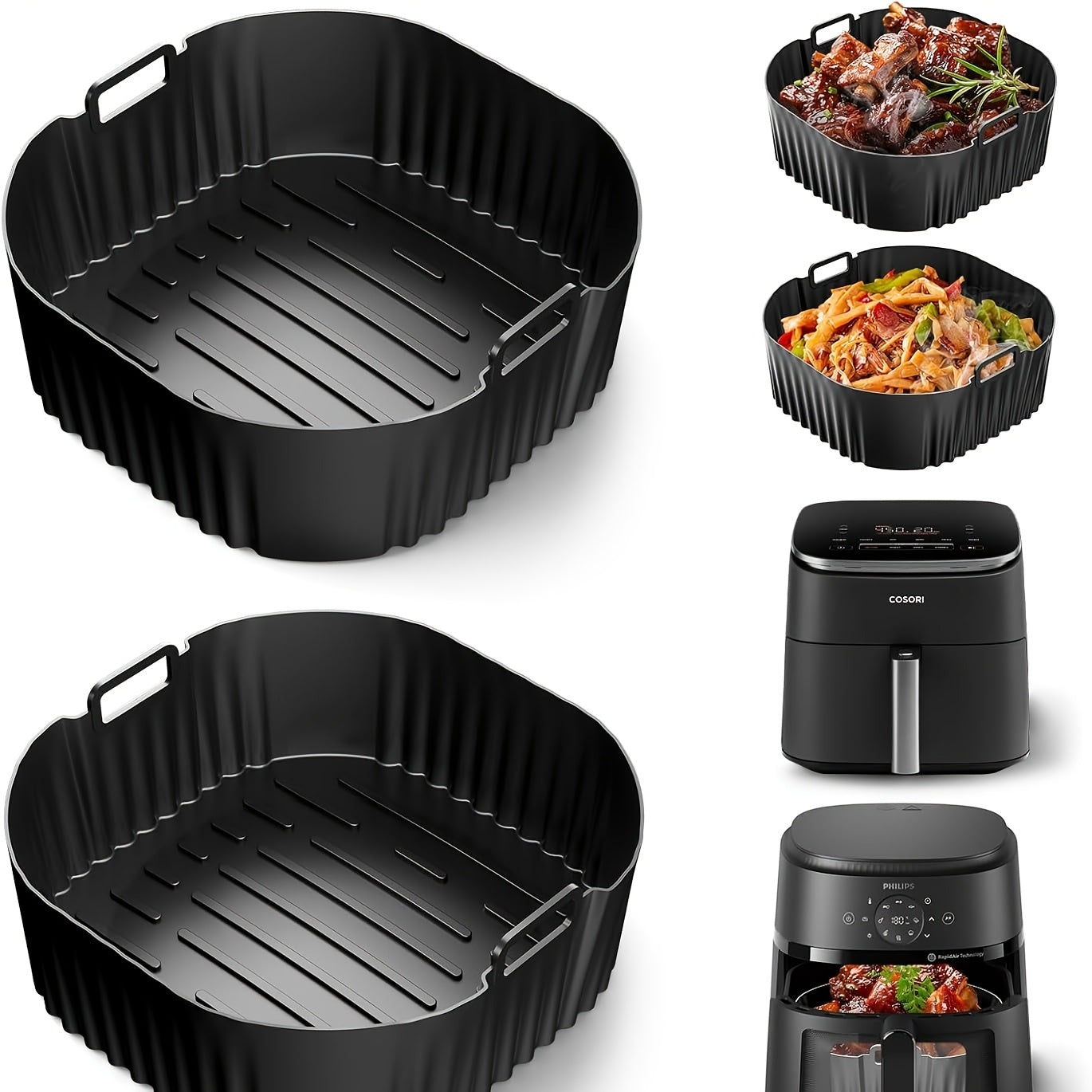 1/2 Bandeja de hornear de silicona negra con superficie antiadherente, ideal para freidora de aire, horno y microondas - Perfecta para modelos de freidora de aire for philips NA230 y COSORI6.2L, bandeja de freidora de aire | Bandeja de hornear duradera |