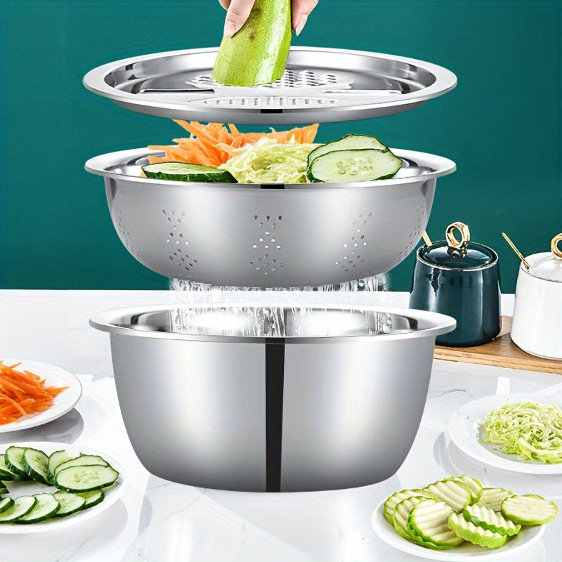 Juego de 3 piezas, plato desbloqueable triturador/rebanador/bol multifuncional con filtro - ideal para limpiar y cortar frutas y verduras, perfecto para la revolución de eficiencia en la cocina del hogar