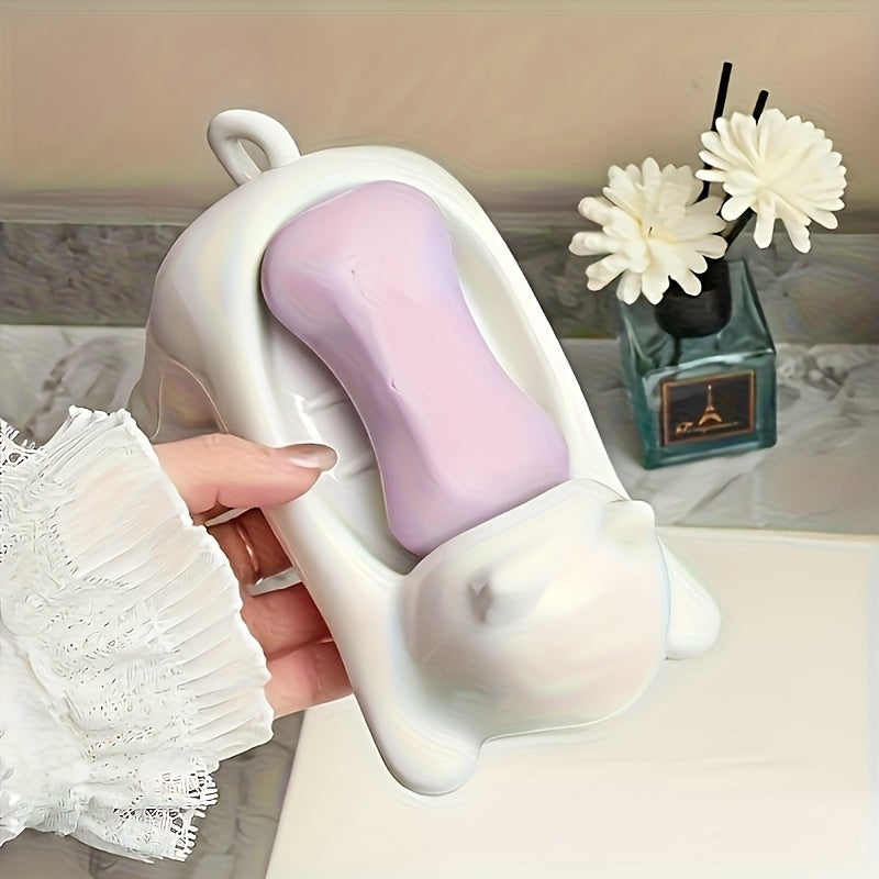 Porta jabón con diseño de gato adorable, color blanco brillante y rosa, plástico resistente, organizador rectangular con drenaje, ideal para baño, incluye espacio para esponja