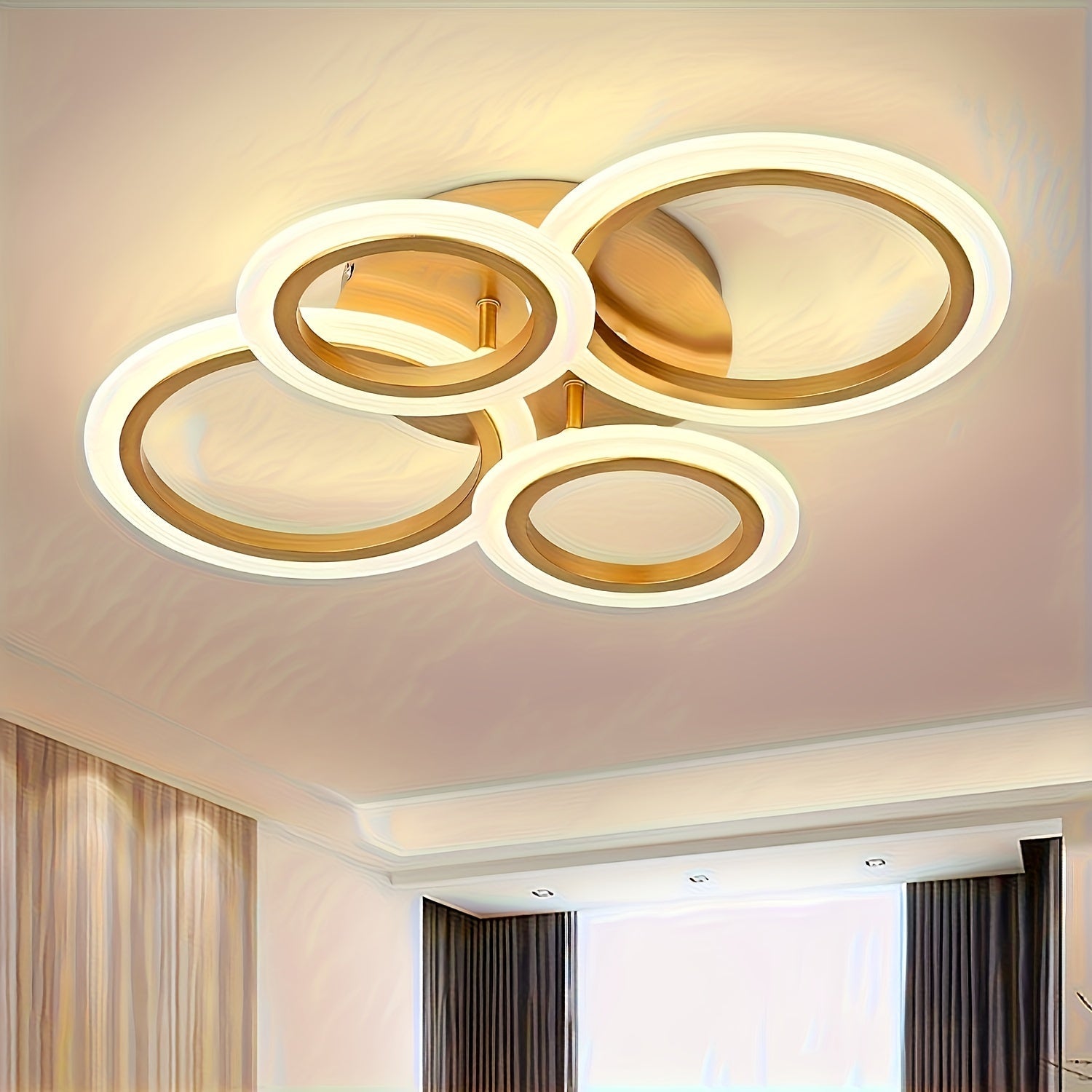 Lámpara de techo LED moderna con 4 luces en forma de anillo, diseño metálico con tono cálido y abrazaderas removibles para fácil instalación - Ideal para cocina, dormitorio, sala de estar, lavandería - Incluye hardware