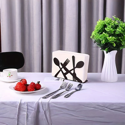Porta servilletas de hierro fundido, diseño de cubiertos para decoración de mesa en casa, cocina, cafetería o restaurante, organizador de servilletas de papel en metal negro, 1 unidad