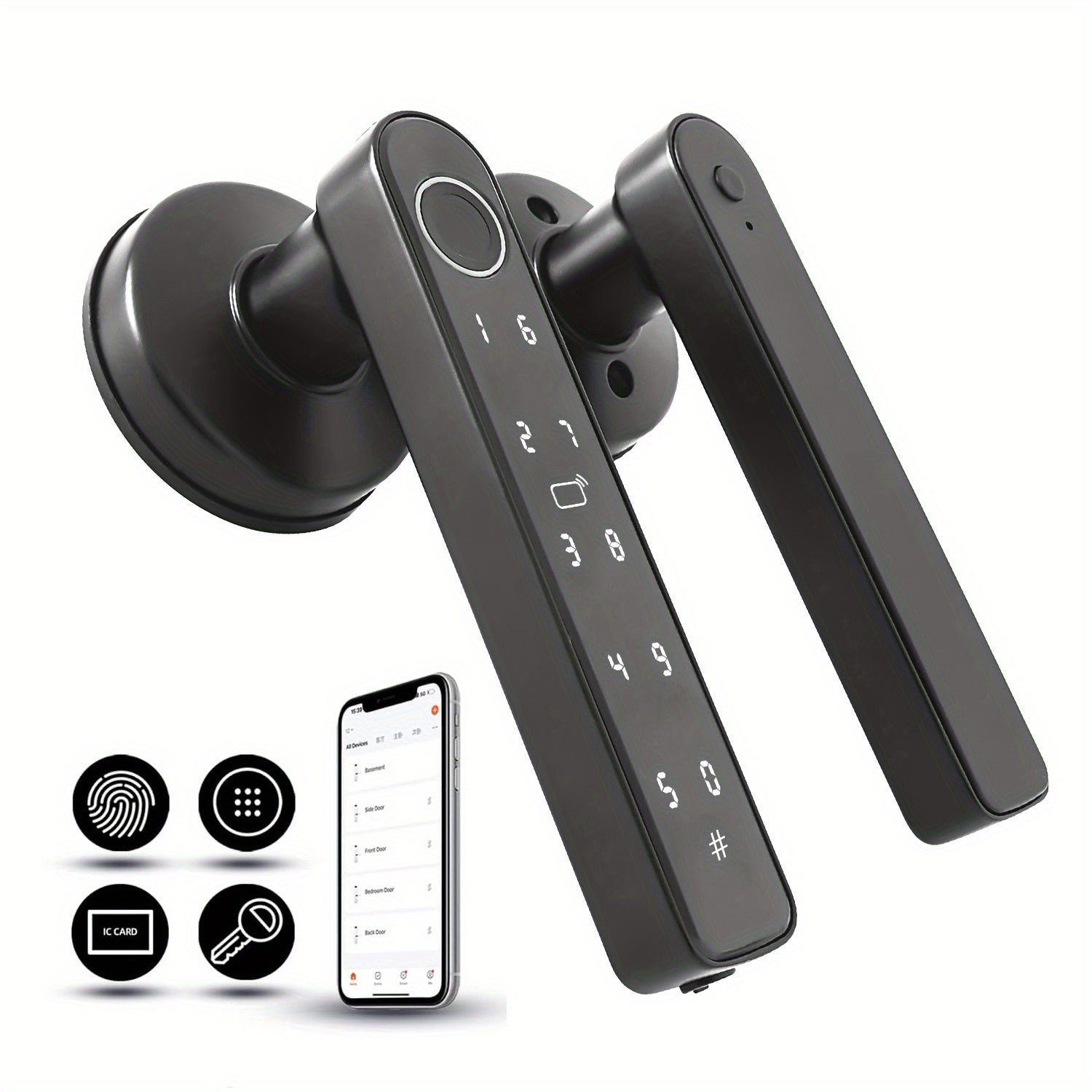 Cerradura inteligente biométrica 5 en 1 con huella digital, entrada sin llave, compatible con app, tarjeta IC, contraseña y llave, 99% de precisión, inalámbrica, acabado negro en aleación de zinc, alimentada por batería con carga USB, sin necesidad de ca