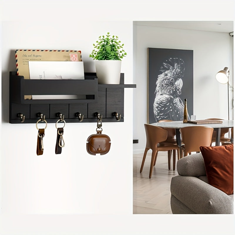 Organizador de llaves y correo con ganchos y estantes de madera reciclada para pared, estilo rústico - Para entrada, cocina o sala, fácil instalación, decoración de alta calidad, acabado con vetas naturales, decoración vintage, organizador para espacios