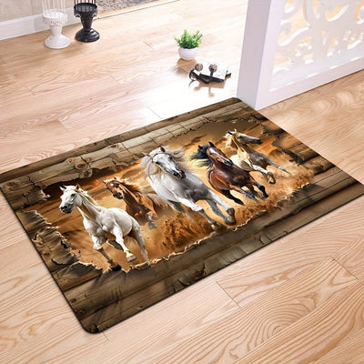 Felpudo de poliéster lavable a máquina con base de PVC antideslizante - Diseño de caballos galopantes para entrada interior, cocina, baño, dormitorio, sala de estar - Alfombra decorativa para el hogar, forma rectangular