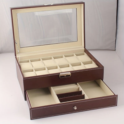 1 Pieza, Caja De Almacenamiento De Reloj Con Cerradura De Cuero PU De 12 Ranuras, Caja De Exhibición De Joyería Para Hombres Y Mujeres Con Cajón, Caja De Exhibición De Gafas De Reloj De 2 Capas Con Cubierta De Vidrio