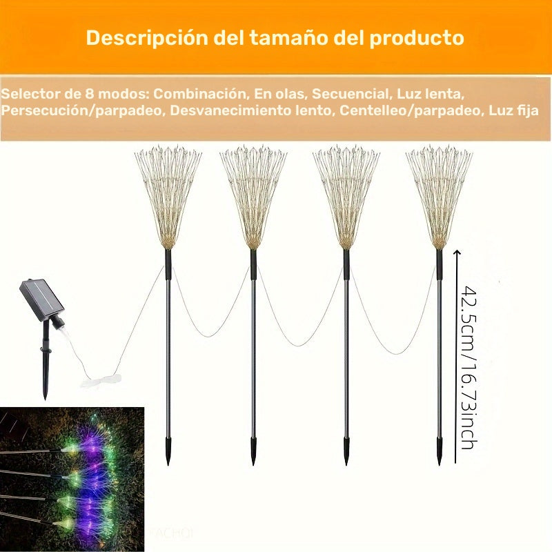 4 piezas de luces solares FACHOI tipo fuegos artificiales, multicolor y blanco cálido, 320 LED + 240 LED, 8 modos de iluminación, luces decorativas con alambre de cobre para jardín, camino, césped, decoración exterior, luces solares para exteriores