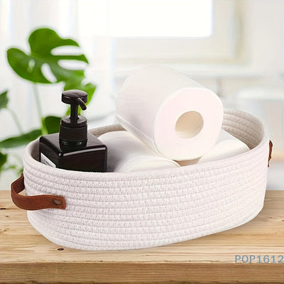 Canasta de Almacenamiento Tejida Nórdica - Organizador de Tela Blanca para Baño, Encimera y Escritorio - Decoración Rústica con Asas Resistentes, Cesta Multiusos Duradera para Cosméticos, Llaves y Objetos Varios