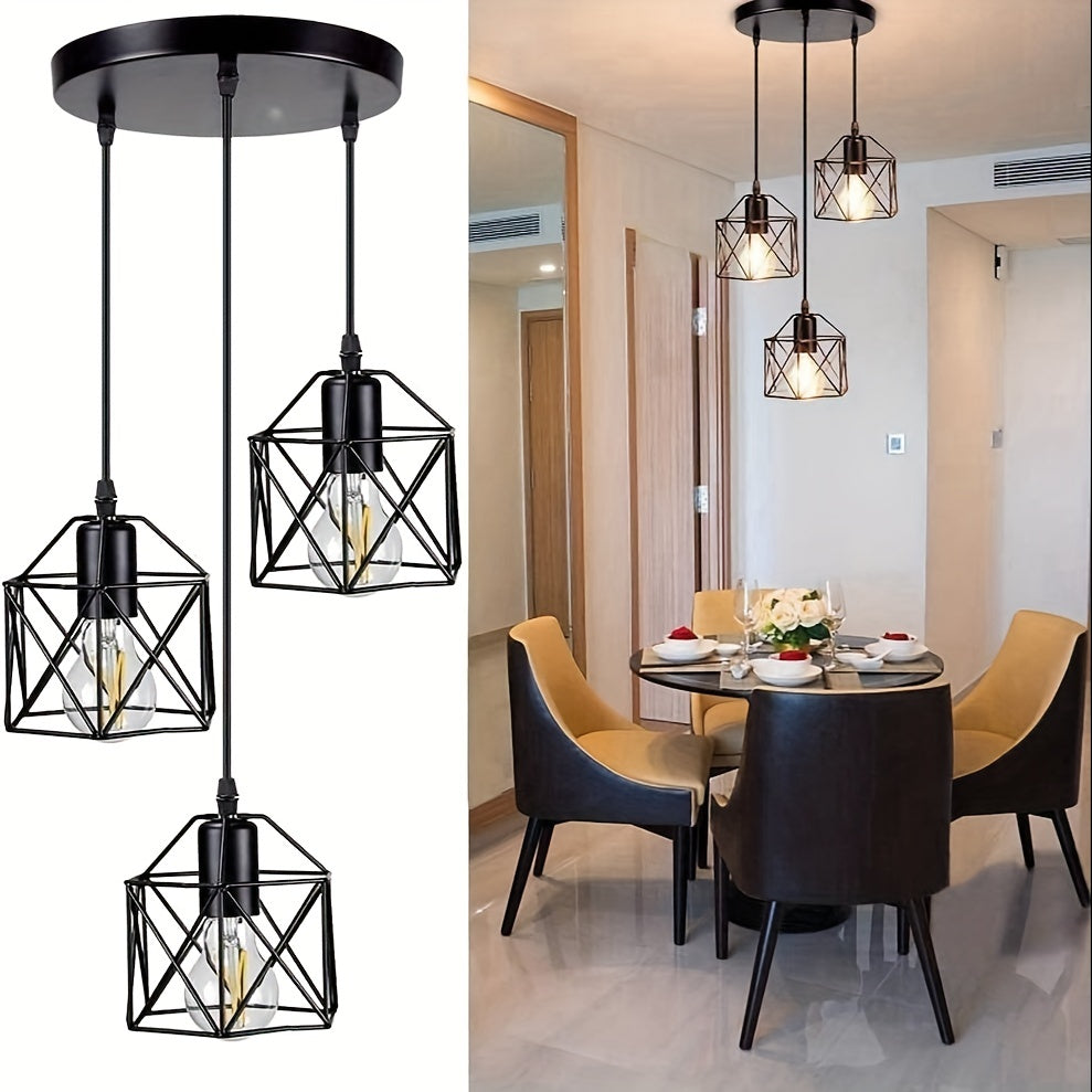 Lámpara colgante industrial vintage de 3 luces, ajustable, negra, con base E27, acabado metálico mate, ideal para cocina, comedor o pasillo (focos no incluidos), decoración de cocina