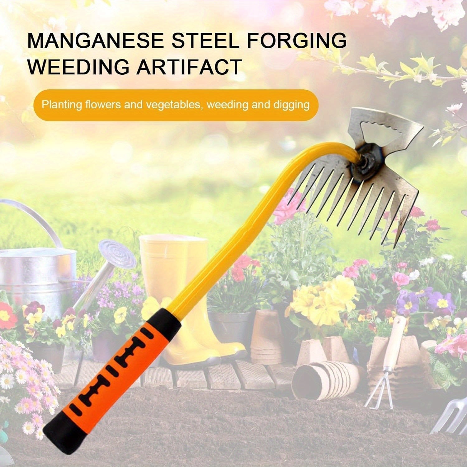Rastrillo Multiusos de Alta Resistencia con Cabeza Afilada - Mango Ergonómico Antideslizante, Herramienta de Deshierbe para Jardín y Granja, Uso en Interiores/Exteriores - Eliminación Duradera de Malezas en Céspedes, Macizos Florales, Jardines, Diseño Co