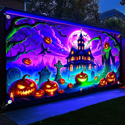 1pc Banderín UV que Brilla en la Oscuridad para Halloween - Diseño de Casa Encantada con Calabazas, Murciélagos y Lápidas, Decoración Grande de Tela Poliéster para Puertas de Garaje o Interiores/Exteriores, Sin Necesidad de Energía, Adornos Festivos, Amb