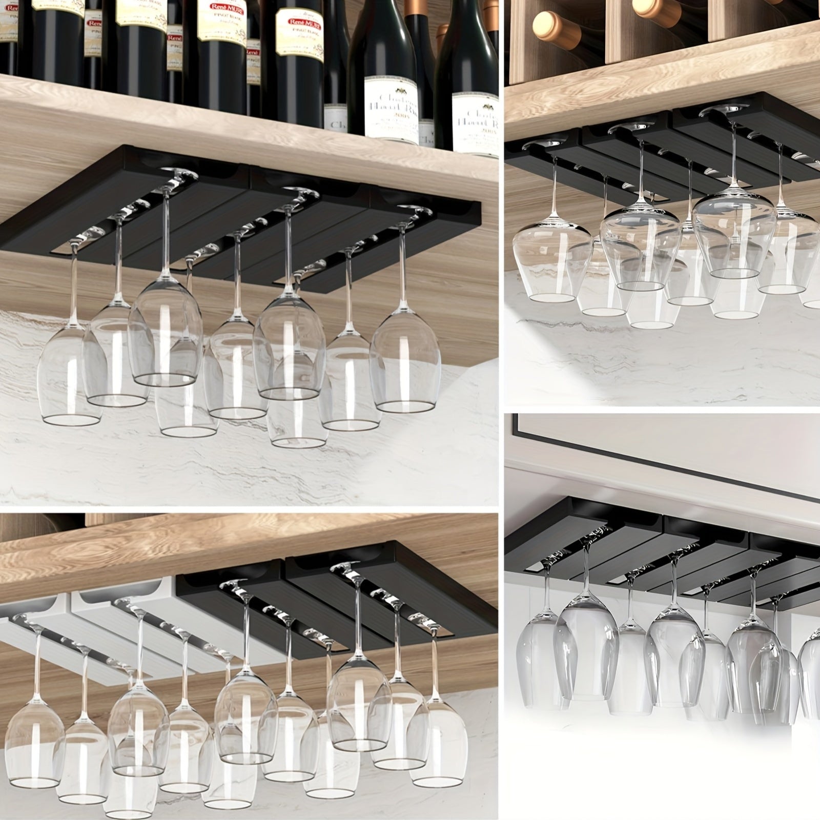 Soporte de 4 piezas con acabado pulido de plástico para copas de vino, perchero colgado sin perforación para secado y almacenamiento de copas de vino, soporte para estanterías/armarios para uso en cocina, bar y restaurante