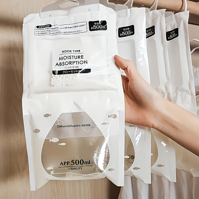 5-Unidad Paquete Grande Bolsas de Absorción de Humedad de 500ml para Ropa - Sin Electricidad, Sin Requerimiento de Energía, Alta Capacidad para Armario y Deshumidificación en el Hogar, Blanco con Acentos Azules, Absorción de Humedad|Diseño Transparente|V