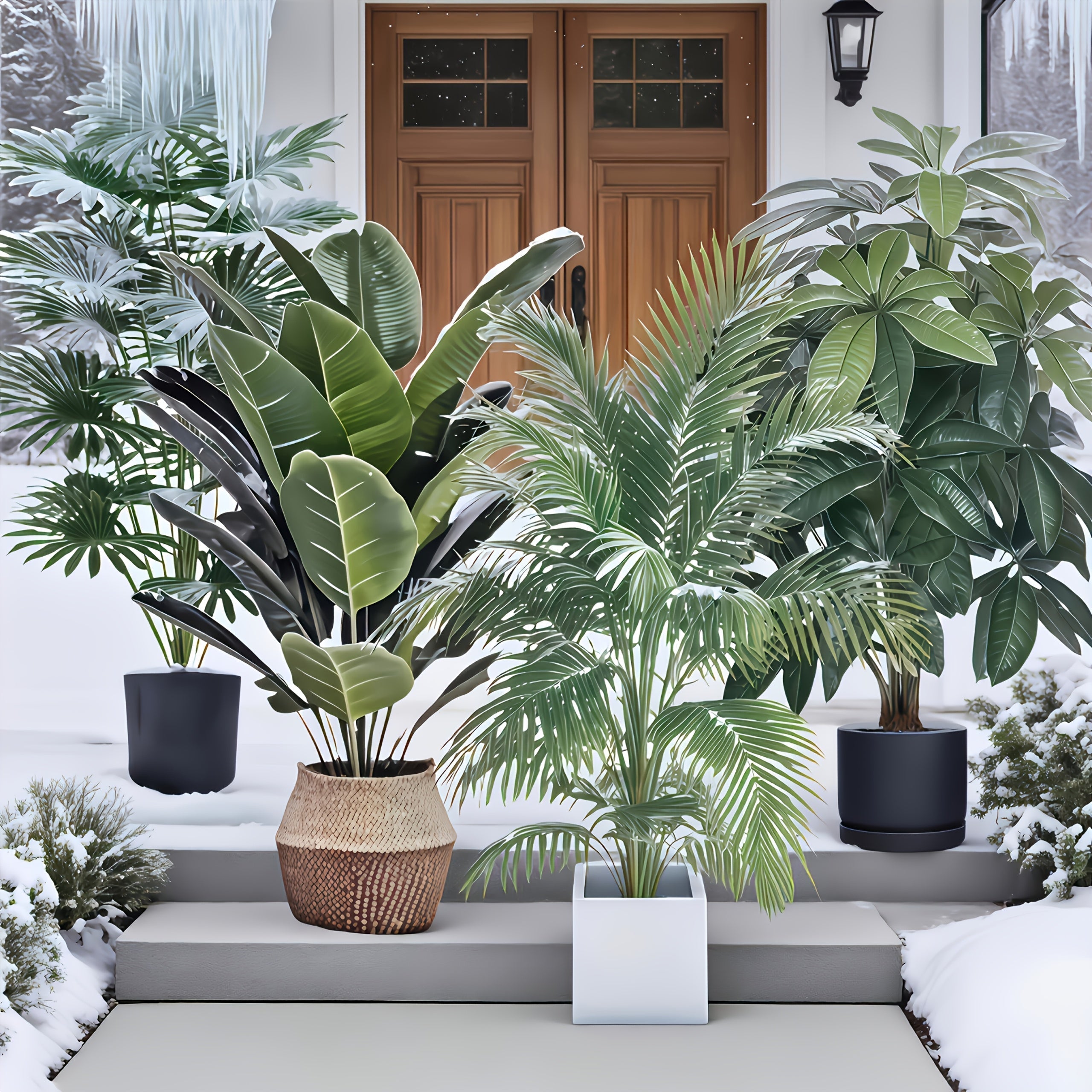 4 piezas, incluye 48 plantas artificiales de hoja grande - árbol de fortuna lush y palma ave del paraíso, aptas para uso exterior - árboles decorativos tropicales de hoja ancha sin mantenimiento, plantas en maceta aptas todo el año para interior/exterior