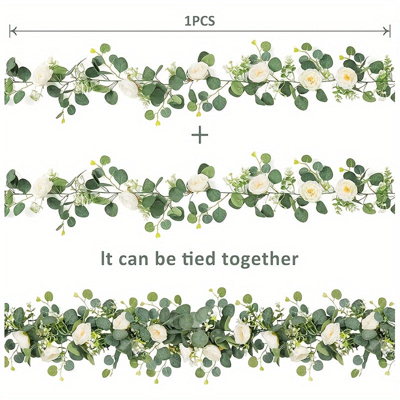 1 pieza de lujosa guirnalda artificial de eucalipto y rosas - Verdura plástica realista para bodas, fiestas en casa, decoración navideña, corredor de mesa y uso al aire libre, no requiere mantenimiento, decoración de bodas, verdura de fiesta, elegante ac