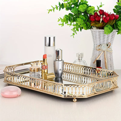 Bandeja organizadora de maquillaje dorada, 1 unidad, bandeja de metal lujosa para cosméticos y perfumes, decoración para baño, tocador o dormitorio