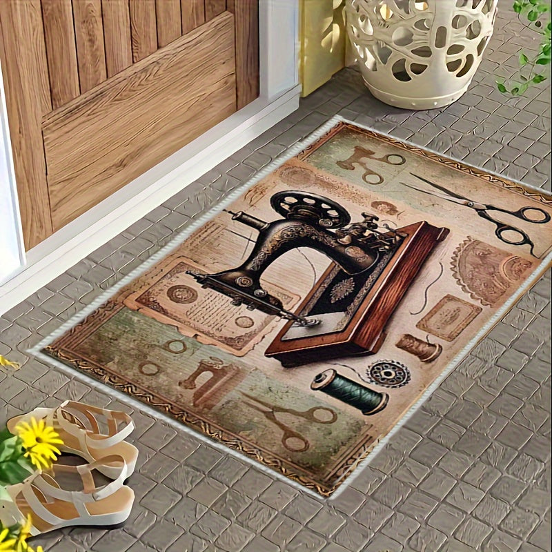 Tapete con diseño de máquina de coser y tijeras vintage - Suave, antideslizante, lavable a máquina, fácil de limpiar, resistente al desgaste, para sala, dormitorio, cocina, baño, lavandería, oficina, entrada y decoración del hogar, tapete lavable