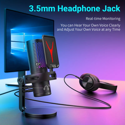 Microfono de Juego RIKSOIN RGB USB-C con Cancelación de Ruido, Silencio Rápido, Trípode Ajustable y Diseño Antigolpes, Control de Volumen Plug-and-Play, Iluminación RGB en Tiempo Real - Compatible con PS4/PS5/PC para Streaming, Videoconferencias (), Grab