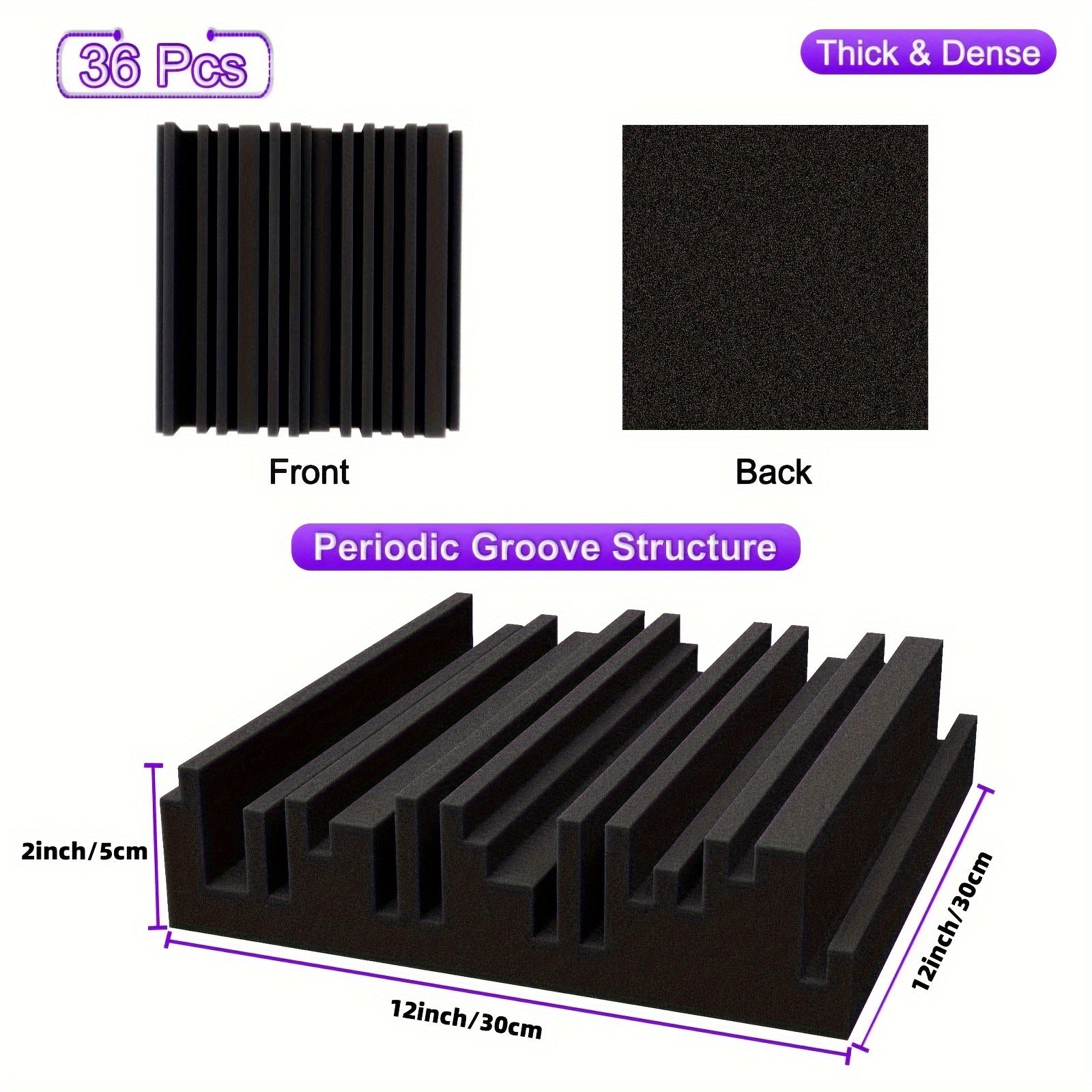 36 piezas de color negro, 30*30*5cm de alta densidad, retardante de llama, ranura de absorción de sonido, algodón absorbente de sonido, tablero de aislamiento acústico, tablero de espuma para oficina, estudio de grabación, sala de música, sala de juegos,