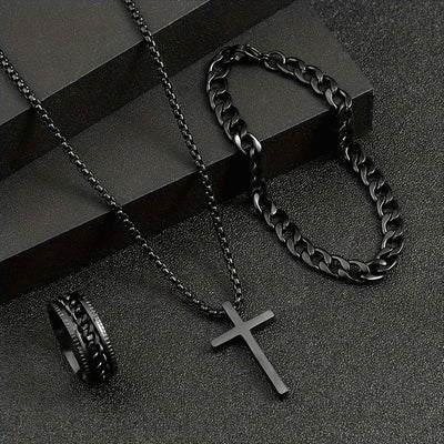 [Accesorios Unisex de 3 pzas] Set de Accesorios Unisex de 3 pzas con Baño de Negro - Collar con Colgante de Cruz Minimalista de Aleación Negra, Pulsera, Anillo - Sin Mosaico, Regalo Elegante para Fiestas, Navidad, Cumpleaños
