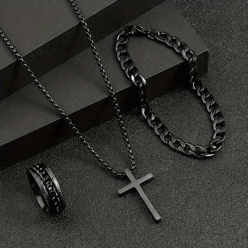[Accesorios Unisex de 3 pzas] Set de Accesorios Unisex de 3 pzas con Baño de Negro - Collar con Colgante de Cruz Minimalista de Aleación Negra, Pulsera, Anillo - Sin Mosaico, Regalo Elegante para Fiestas, Navidad, Cumpleaños