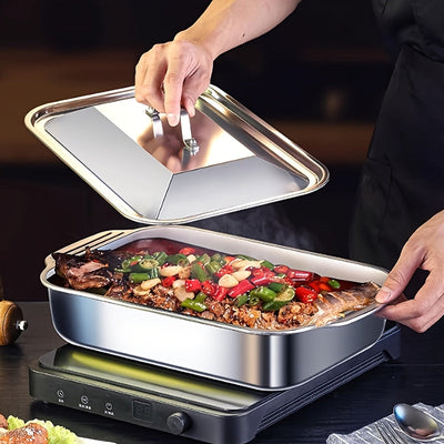 Juego de sartenes para asar hechas de acero inoxidable con tapas - Antiadherentes, robustas, plato de parrilla con dos asas, bandeja de horno versátil para postres, panes y mariscos - Perfecta para barbacoas, bufets y ocasiones festivas