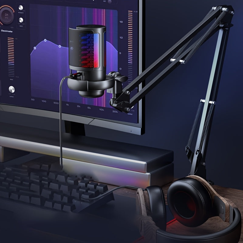 Micrófono condensador USB con iluminación RGB, portátil, brazo ajustable para gaming, streaming y grabación, incluye filtro antipop, color negro, micrófono para juegos, micrófono de brazo ajustable, construcción duradera