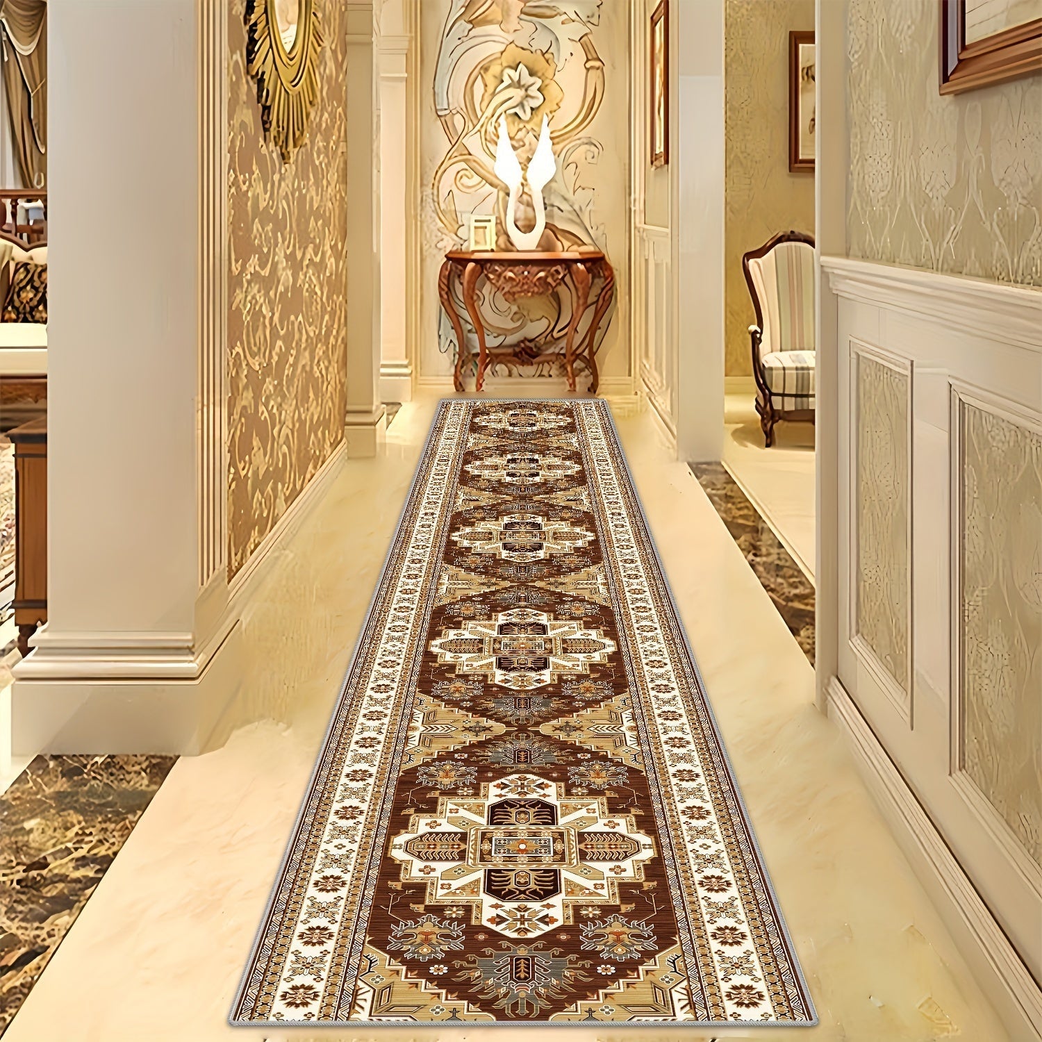 1 pieza de Alfombra Corredora de Terciopelo Cristal de 850g con Espesor de 0.7cm y Base Antideslizante - Lavable en Máquina, Patrón Geométrico de Lujo Moderno en Marrón/Beis/Blanco/Azul/Rojo para Pasillo, Sala de Estar, Dormitorio, Uso Interior/Exterior