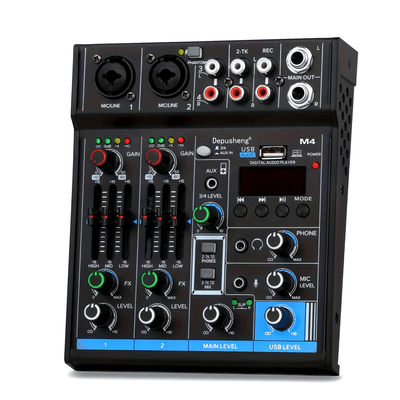 Depusheng M4 Mezclador de Audio de 4 Canales - Grabación USB, Alimentación Phantom de 48V, Ideal para Estudios y Actuaciones en Vivo