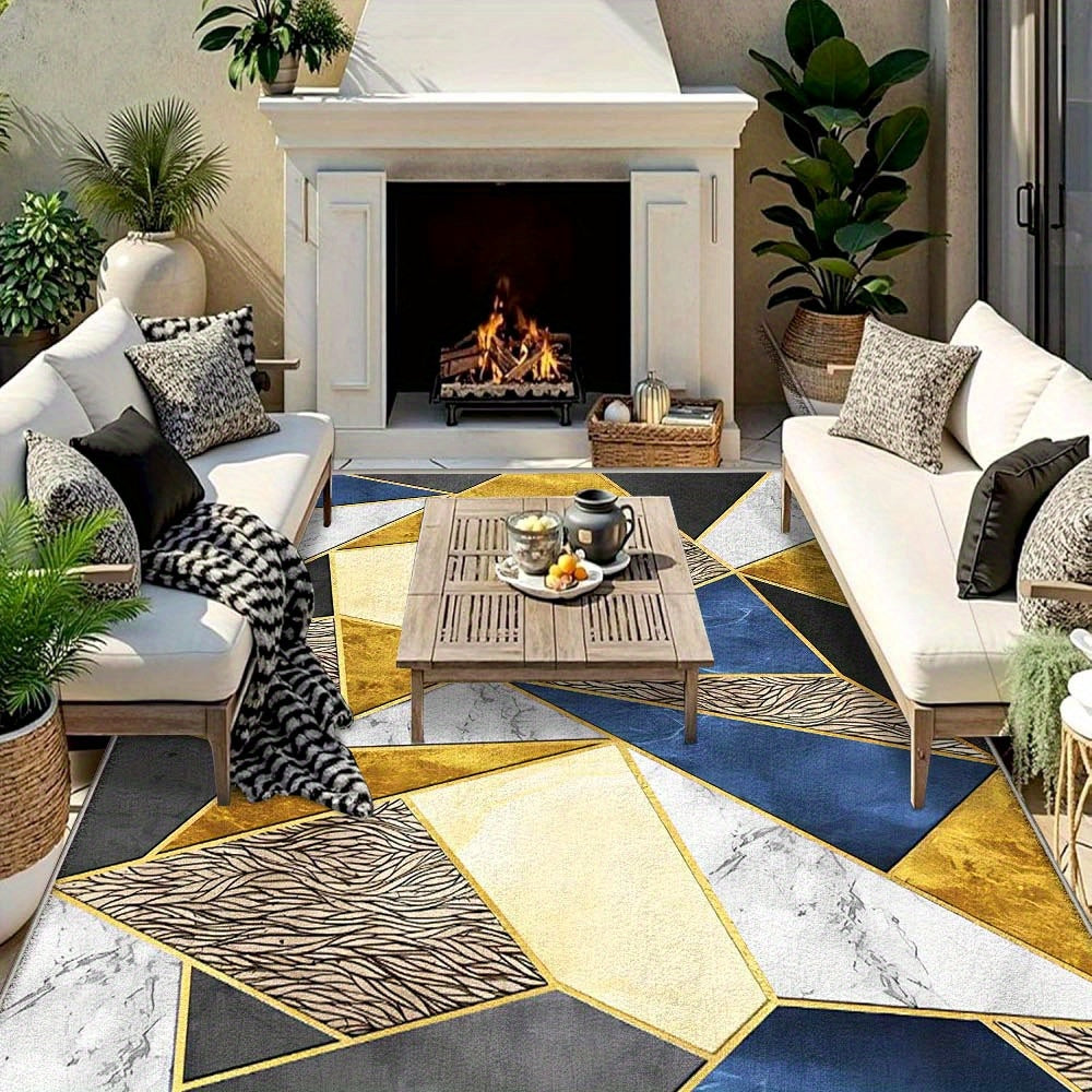 Alfombra de Lujo SevenDeer para Interior/Exterior - Base Antideslizante 852gsm, Diseño Minimalista Moderno en Azul Marino/Beige/Dorado//Gris - Alfombrilla Grande para Patio, Sala, RV o Terraza - Lavable a Máquina en Poliéster