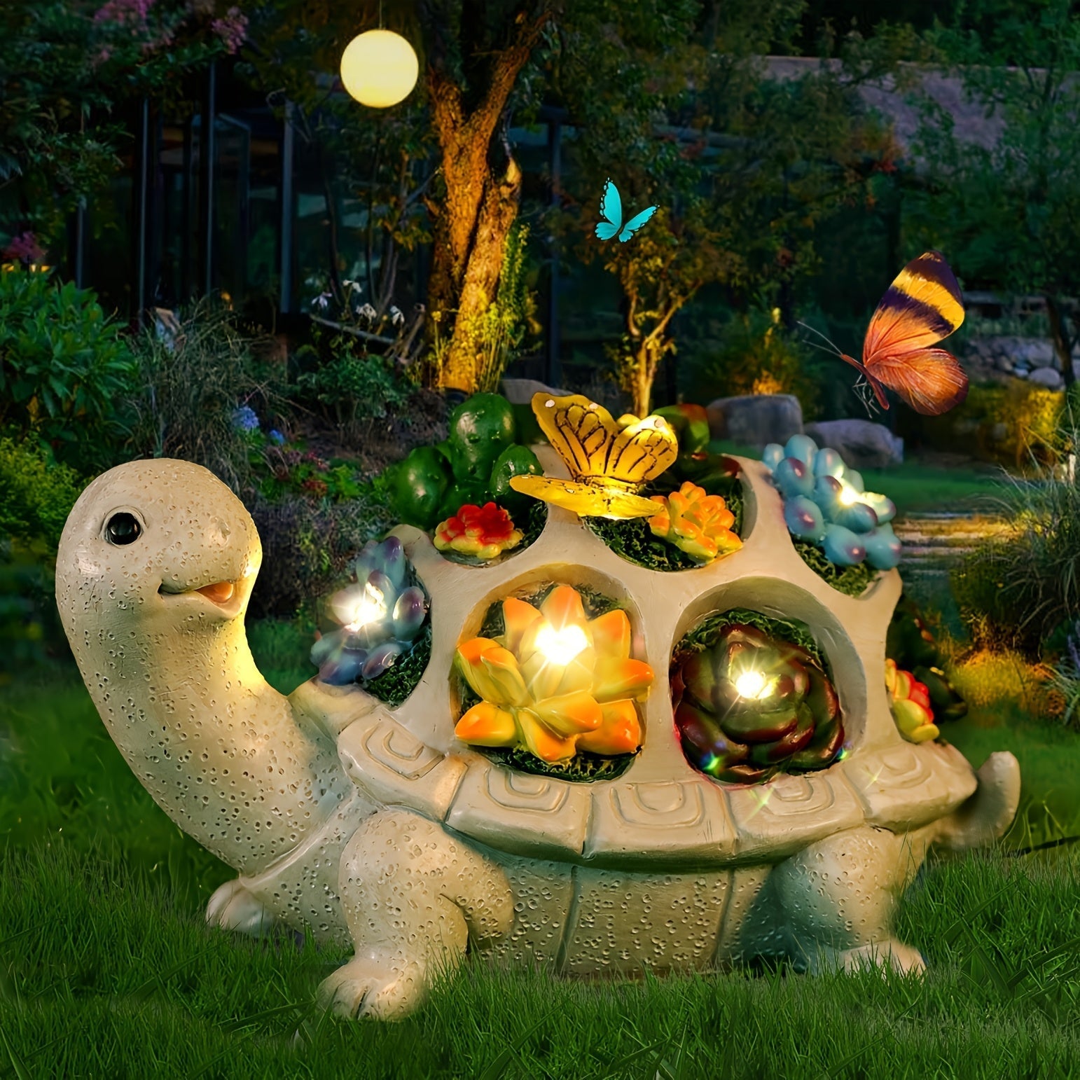 1 Estatuilla de Tortuga con Flores y Mariposas Coloridas Alimentada por Energía Solar - Decoración Impermeable IPX4 para Exteriores, Jardines, Patios e Interiores