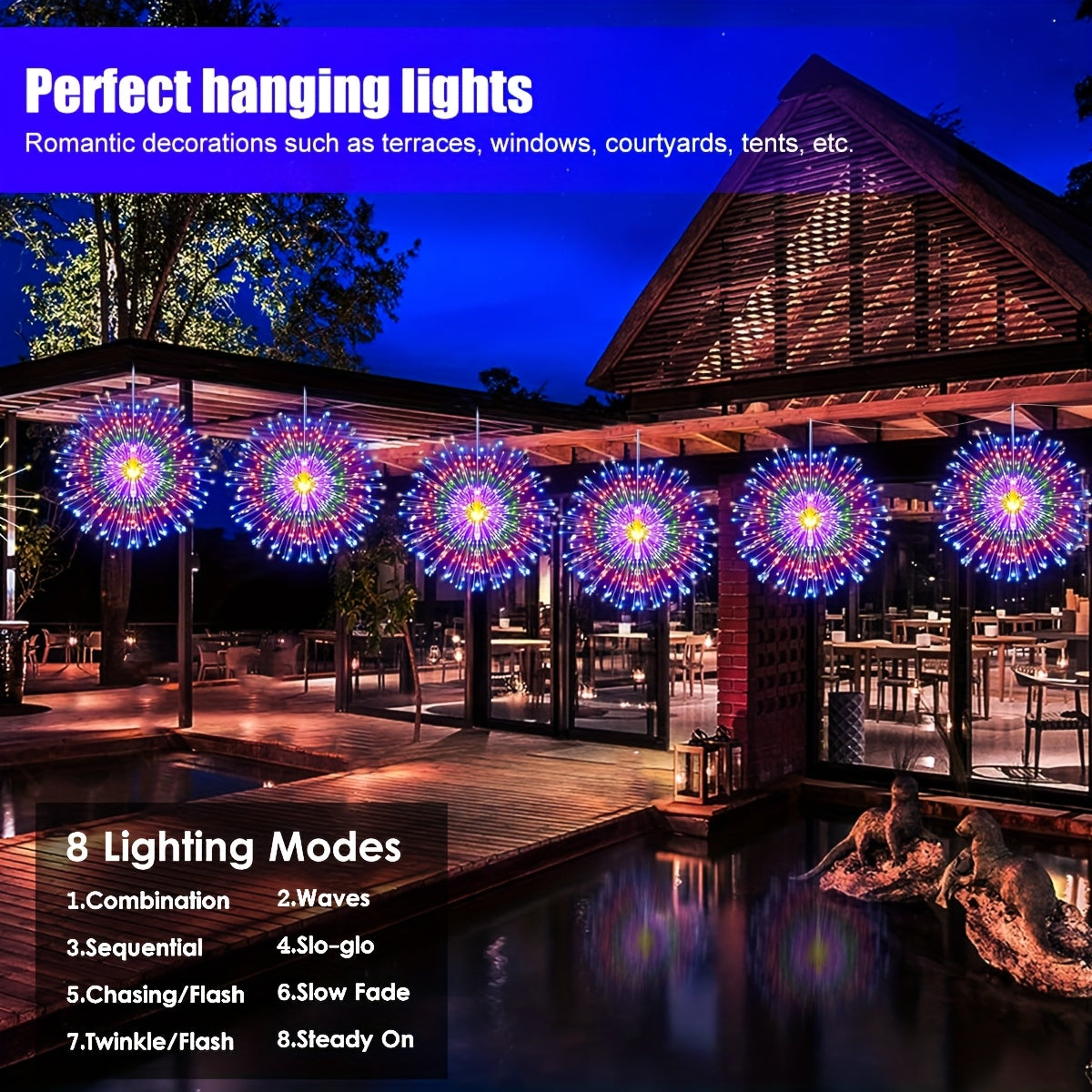 Luces de fuegos artificiales suspendidas alimentadas por energía solar, 8 modos de iluminación, alimentadas por energía solar, iluminación decorativa al aire libre, IP65, cálida/blanca/colorida, adecuadas para decorar fiestas de cumpleaños y fiestas navi