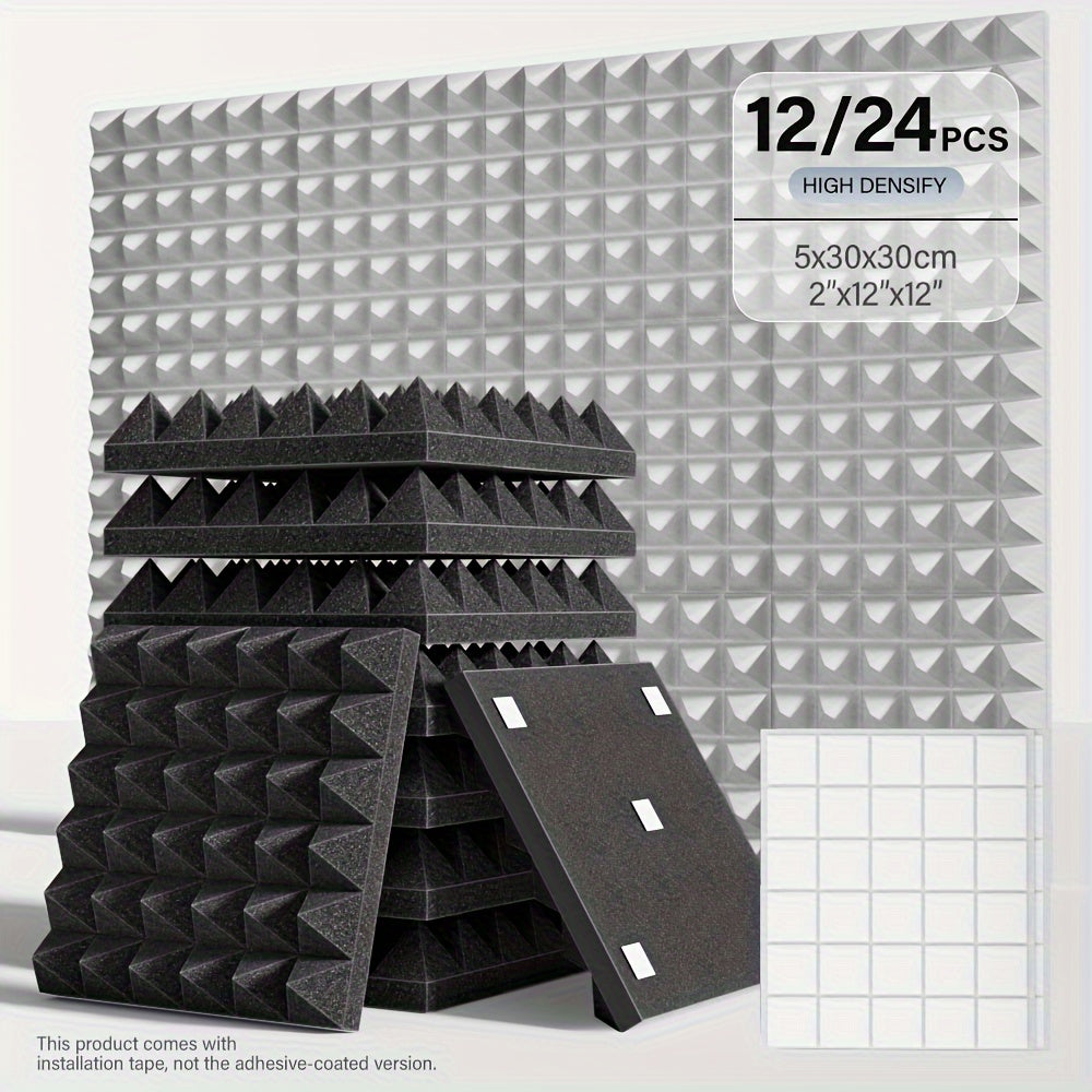 12/24pcs - TMJD MISS Paneles de Espuma Insonorizante en Forma de Pirámide, 5.08x30.48x30.48 cm - Azulejos de Cuña Acústicos de Alta Densidad para Aislamiento de Paredes de Estudio, Negro/Blanco/Gris - Incluye Cinta de Instalación, Aislamiento Acústico de