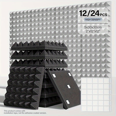 12/24pcs - TMJD MISS Paneles de Espuma Insonorizante en Forma de Pirámide, 5.08x30.48x30.48 cm - Azulejos de Cuña Acústicos de Alta Densidad para Aislamiento de Paredes de Estudio, Negro/Blanco/Gris - Incluye Cinta de Instalación, Aislamiento Acústico de