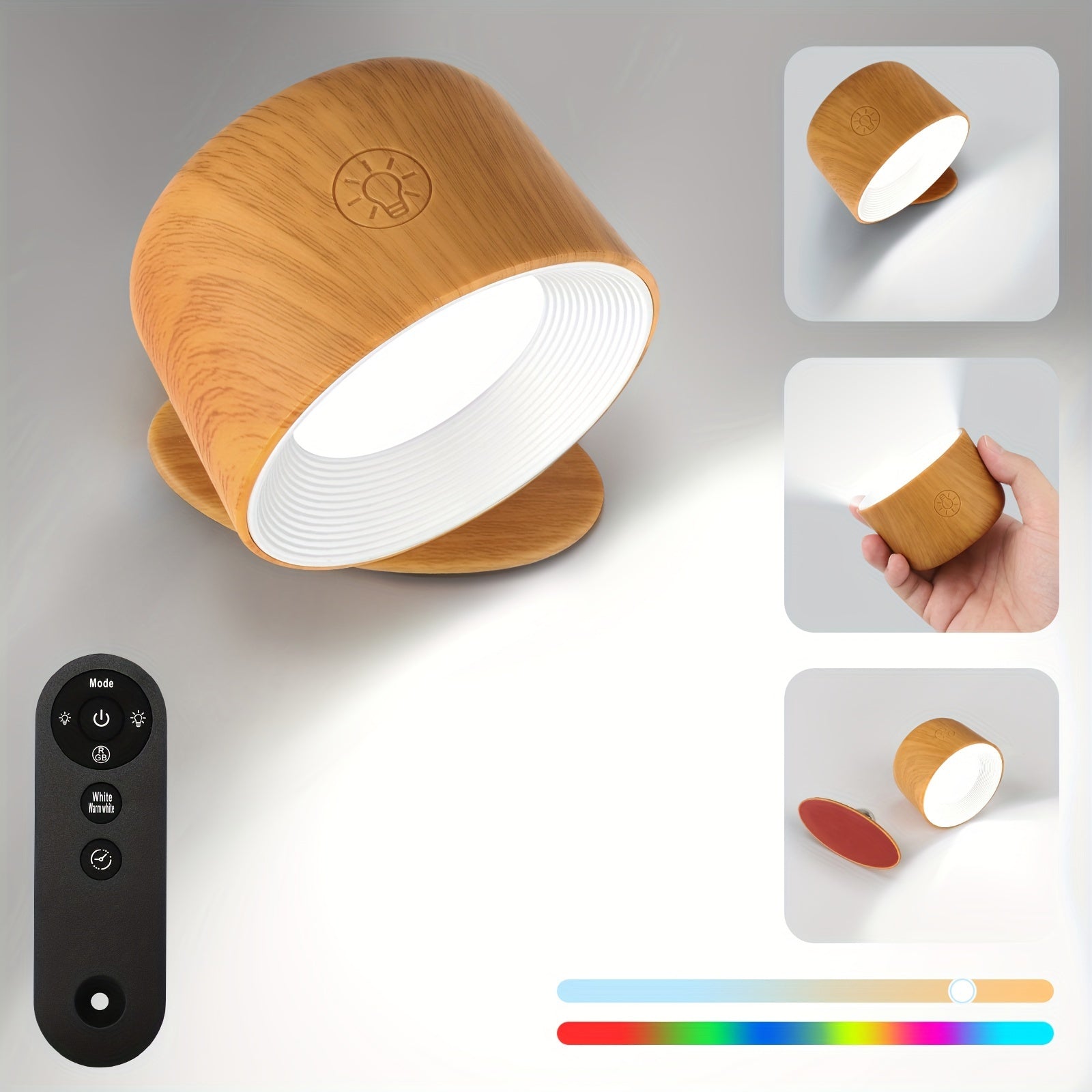 Linterna magnética de pared, lámpara pequeña táctil con rotación 360°, luz nocturna para dormitorio, cambio de colores RGB, control remoto y apagado programable, regulable, carga USB, ideal para habitaciones, salones y pasillos