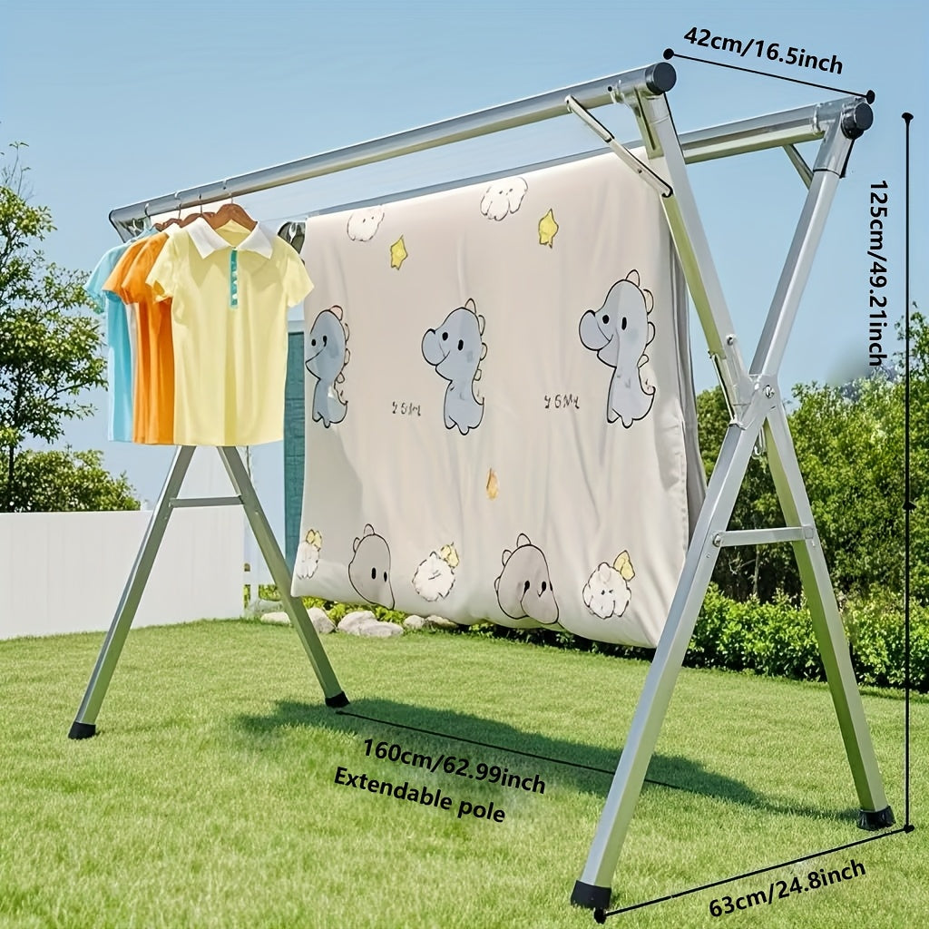 1 percha de acero inoxidable ajustable para secar ropa con ganchos antiviiento, plegable para interior/exterior, soporte metálico para ropa, sábanas y cobijas, diseño ahorrador de espacio para dormitorio, balcón o patio, perchero para exteriores | Rack d