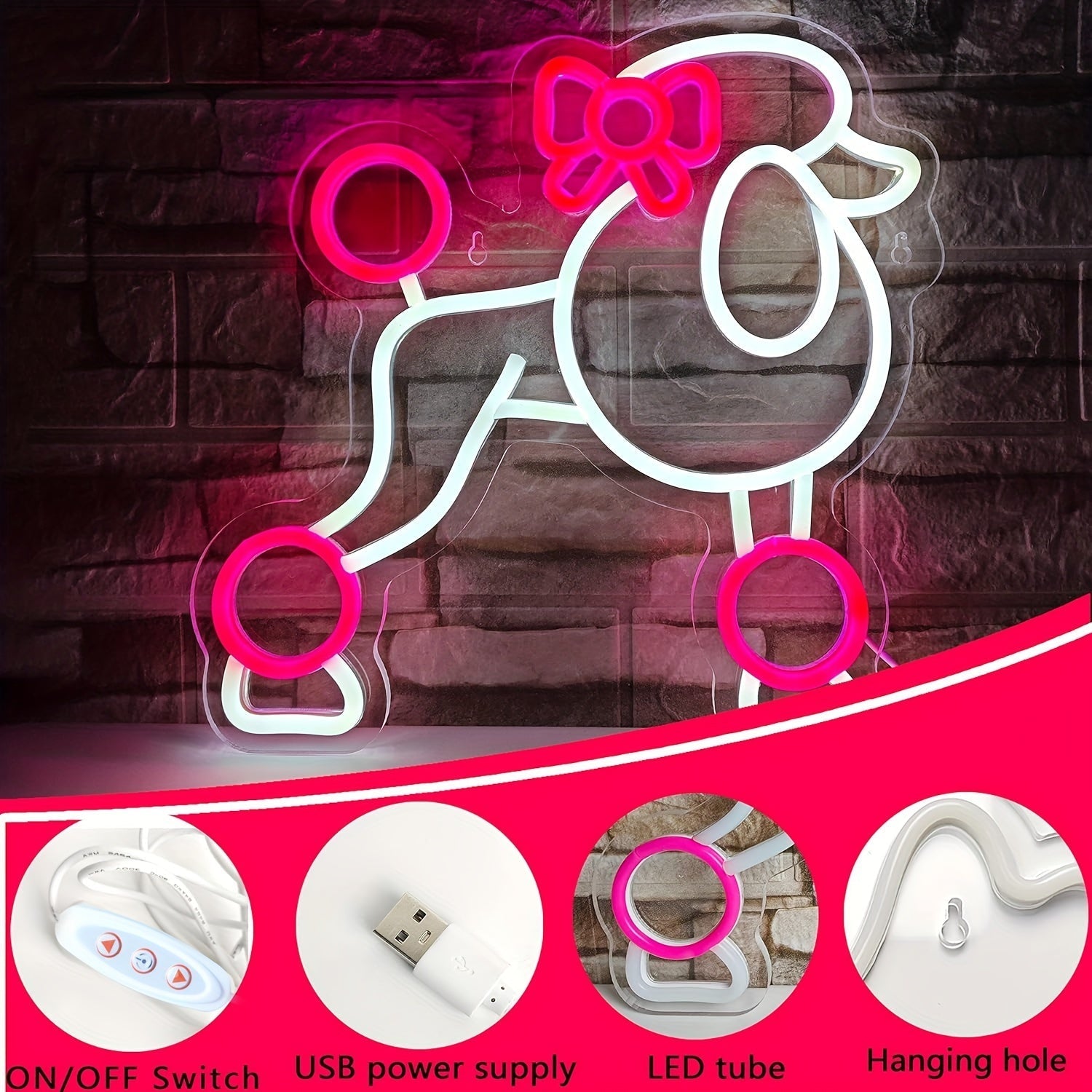 1pc Señal de neón de caniche de plástico pulido, luz decorativa de pared con alimentación USB regulable con control de interruptor, arte multiusos para dormitorio, habitación infantil, tiendas de mascotas, estudios de peluquería, decoración de sala de es