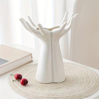 Jarrón Elegante de Cerámica Blanca Artesanal para Arreglos Florales Artísticos - Centro de Decoración Delicado con Pedestal para Sala de Estar o Exhibición en Mesa, Ideal para Rosas Blancas y Hojas Verdes