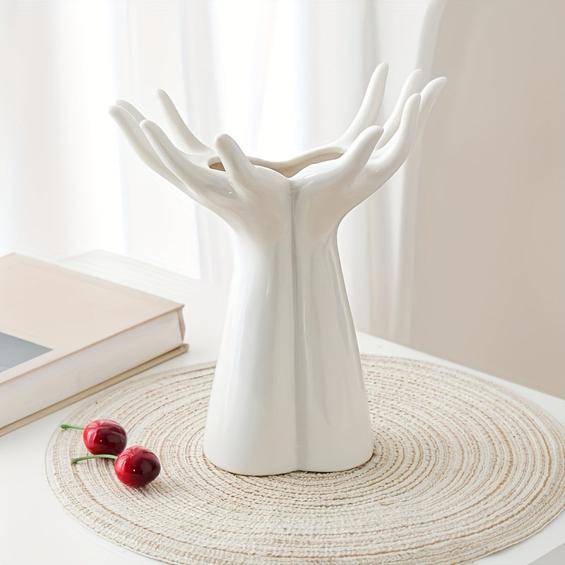 Jarrón Elegante de Cerámica Blanca Artesanal para Arreglos Florales Artísticos - Centro de Decoración Delicado con Pedestal para Sala de Estar o Exhibición en Mesa, Ideal para Rosas Blancas y Hojas Verdes