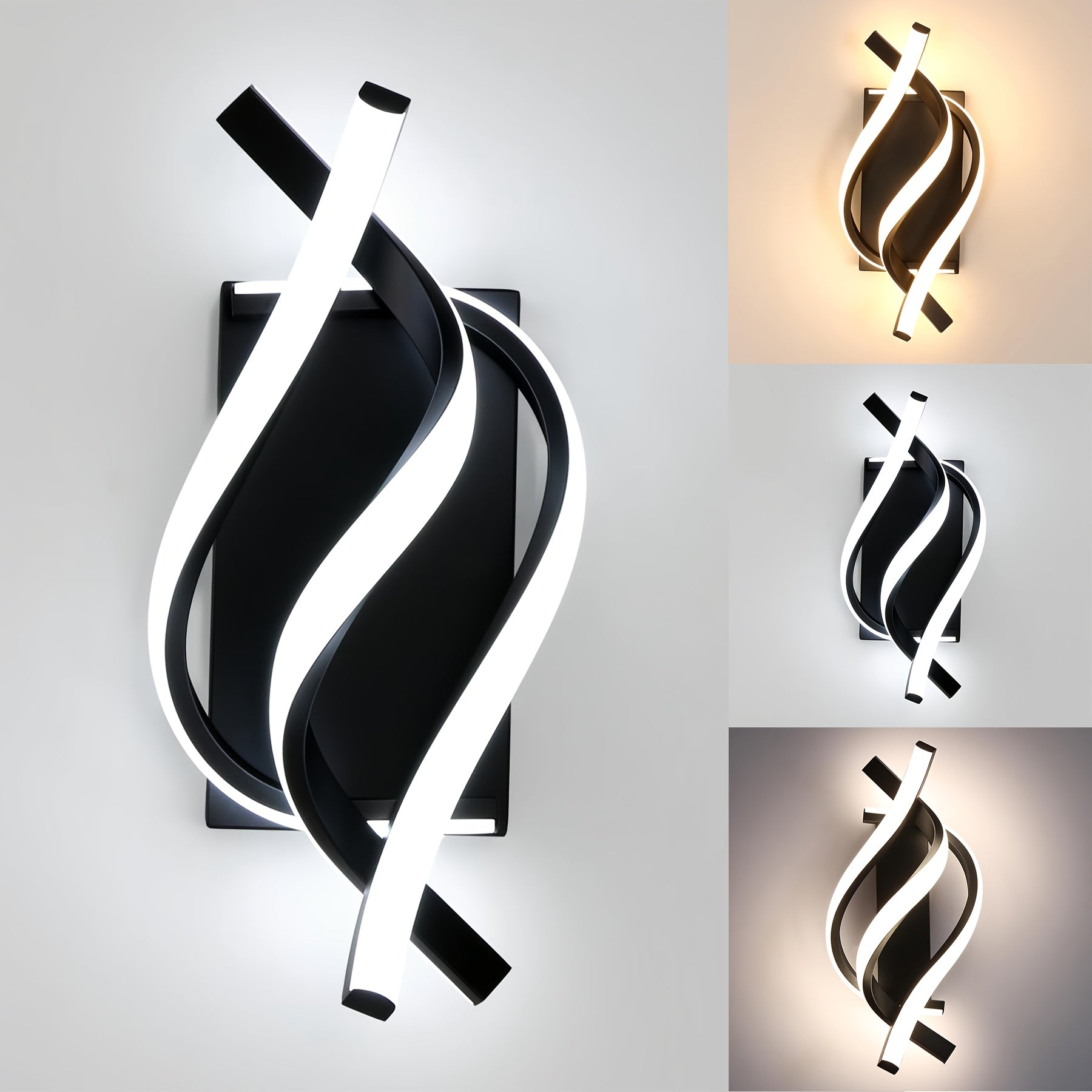 Aplicación de Pared LED Espiral Moderna - Regulable, Iluminación de 3 Colores, Diseño Curvo, Lámpara Acrílica Interior para Dormitorio, Sala de Estar y Pasillo, Acabado Metálico Pulido, Blanco