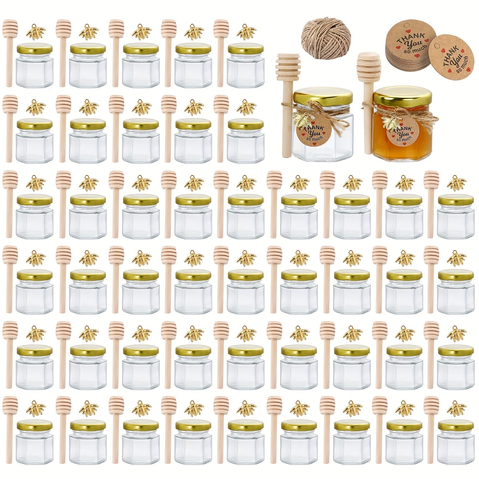 Tarros de Miel de Vidrio Hexagonal Miniatura de 1.5 Onzas, Disponibles en Conjuntos de 20, 30, 50 o 60, Incluyen una Cuchara, Símbolo de Abeja y Tarjeta de Agradecimiento - Tarros con Tapa Dorada, Perfectos para Regalos de Bebé, Bodas y Fiestas.