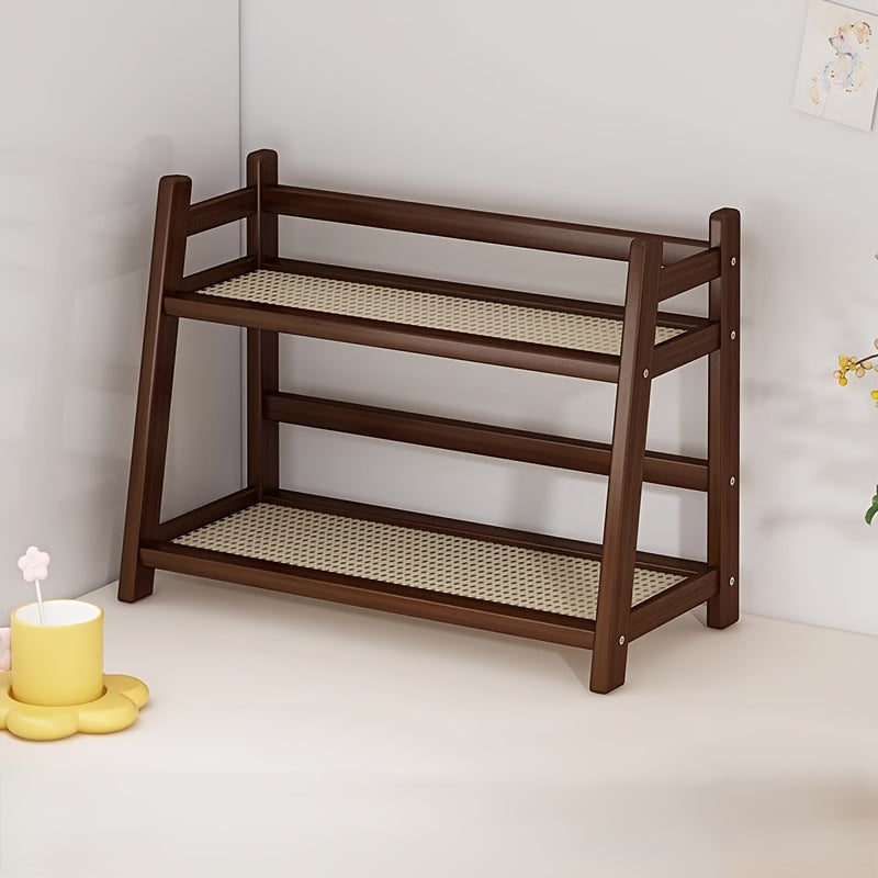 Organizador de cocina vintage estilo ratán de 2 niveles, estante para especias transpirable, repisa para baño y dormitorio, ideal para cosméticos y tazas (diseño ahorrador de espacio)