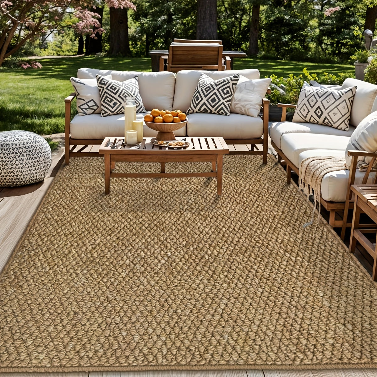 1pc Alfombra Exterior Inclusion Under Heaven - Patrón de Piña Imitación Sisal, Diseño Nórdico Minimalista Marrón Natural, Mezcla Duradera de TPR y Polipropileno, Tamaño Grande hasta 2.16m² para Patio, Terraza, Balcón, Entrada, Decoración Exterior de Piña