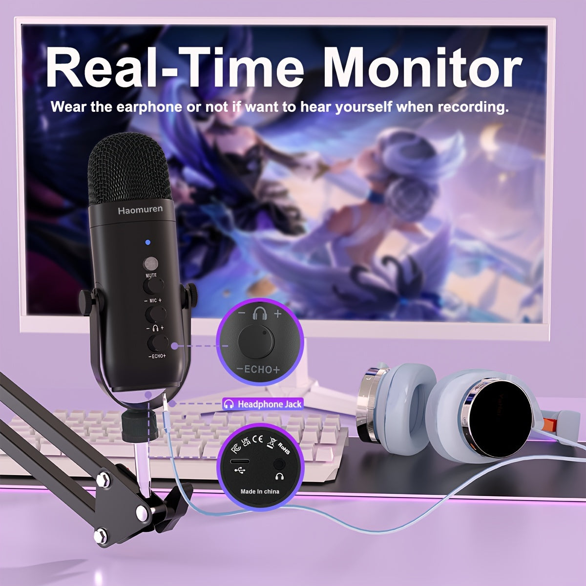 Kit de Micrófono Profesional de la Marca Haomuren, Soporte de Escritorio y Boom con Filtro Anti-pop, Compatibilidad USB Plug-and-Play para Varios Dispositivos · Silencio con Un Botón · Monitoreo en Tiempo Real · Efecto de Reverberación · Adecuado para Gr