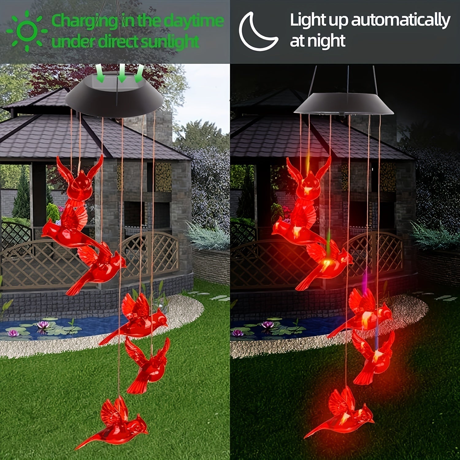 1 pieza de luz de viento de pájaro rojo solar - 6 aves de llama LED, transición colorida, plástico ABS duradero, ideal para jardín, patio y decoración del hogar - Fácil de colgar con gancho metálico en forma de S, regalo perfecto para entusiastas de exte