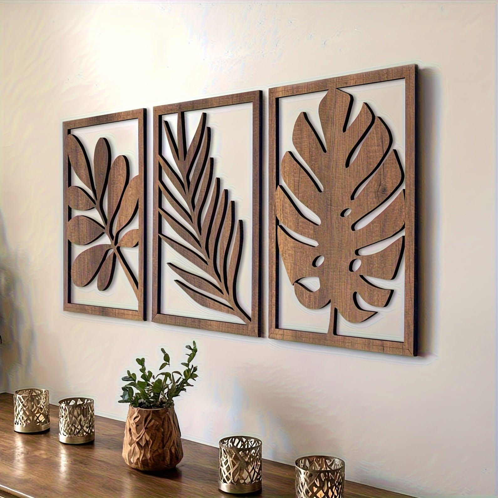 Juego de 3 esculturas de pared rústicas, arte de pared grande para decoración del hogar en sala de estar, dormitorio, oficina, fácil de instalar, patrón de hojas.