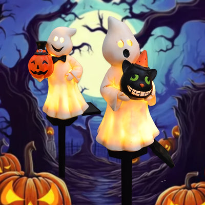 2 Piezas de Faroles Solares para Halloween - Decoración Espeluznante con Figuras, Encendido/Apagado Automático, Instalación en Estacas para Jardín o Patio, Construcción Duradera de Plástico, Iluminación Temática Festiva, Material Resistente al Clima, Ado