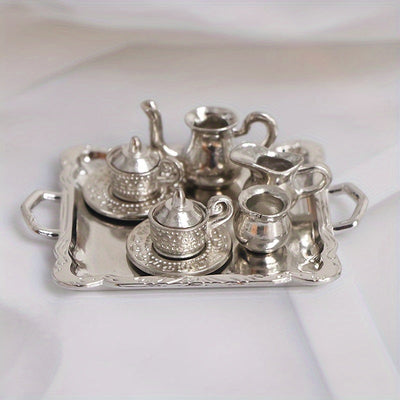 10 Piezas de Juego de Taza y Platillo Metálico Plateado en Escala 1/12 para Exhibición