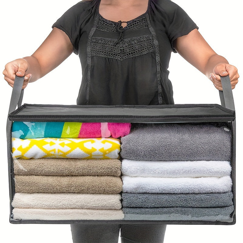 Bolsa grande de tela retro para almacenamiento con asas y ventana transparente, organizador de espacio para ropa, edredones y cobijas, ideal para organizar el clóset, dormitorio o residencia estudiantil, organizadores de clóset y almacenamiento, guardado