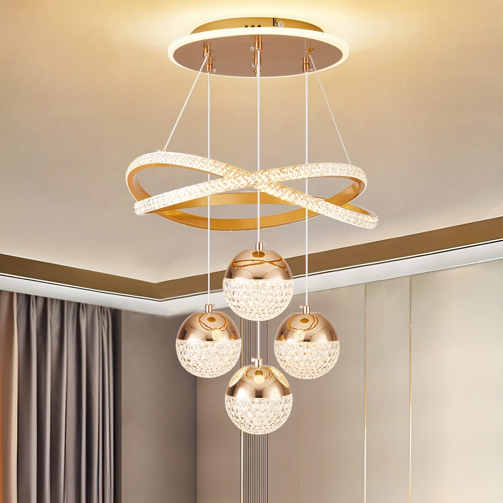 Lámpara colgante LED dorada moderna, regulable, acabado metálico pulido, con hardware de instalación, para comedor, isla de cocina, sala de estar, dormitorio - Conectada eléctricamente, 110V-240V, solución de iluminación para islas | Lámpara de techo ele