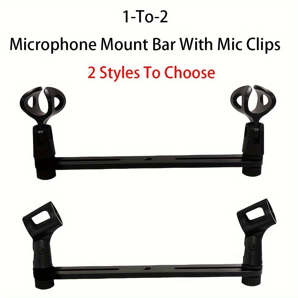Barra de montaje de micrófono de 1 a 2 con clips de mic: Rosca ajustable de 3/8" para la mayoría de los soportes de micrófono y brazos de boom